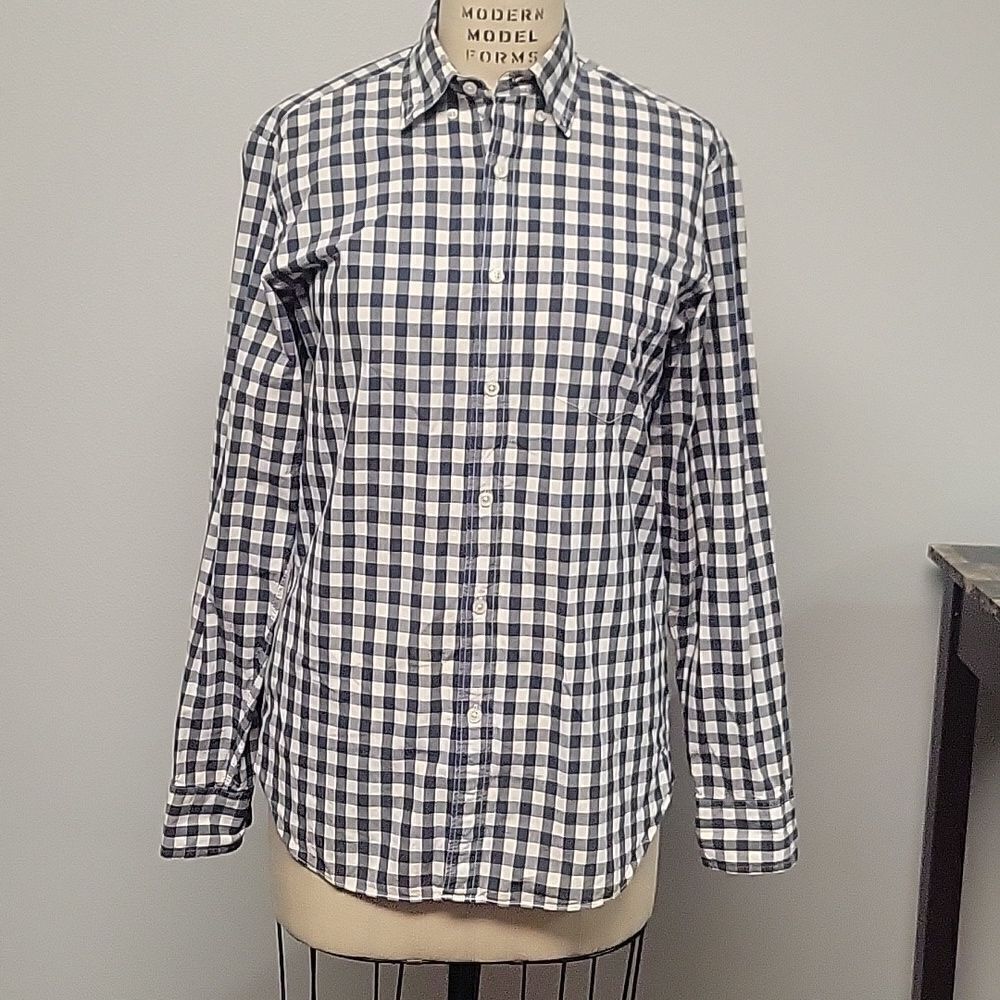 ❤️J.CREW Mens Size M Shirt Long Sleeve Pocket cage white with navy.